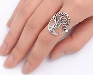 Tree of Life & Leaf Ring Genuine Sterling Silver 925 Face Height 22mm Size 11 - Picture 1 of 2