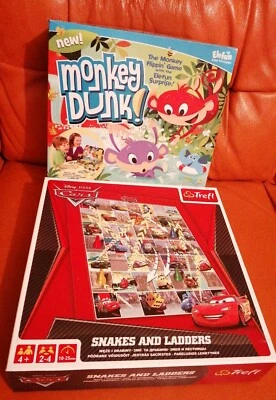 2 BOARD GAMES MONKEY DUNK ELEFUN & CARS SNAKES & LADDERS BOTH COMPLETE HASBRO  - Image 1 of 4