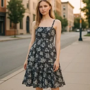 Anthropologie Current Air Floral gesmoktes Mieder Stufen Rüschen Rock Midikleid - Bild 1 von 5