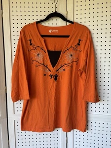 Basic Editions Damen 1X (XL) Orange Halloween 3/4 SLV T-Shirt Spinnen Black Cat - Bild 1 von 5