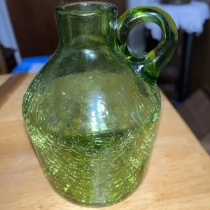Vintage Hand Blown Green Crackle Art Glass Bottle Jug Handle Pontil Not Signed - Picture 1 of 3