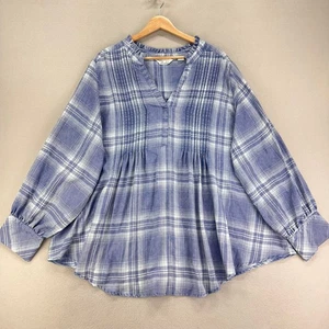 Caffe Marrakech Blouse Womens 3X Blue Plaid Oversized Bishop Sleeve Comfort - Picture 1 of 8