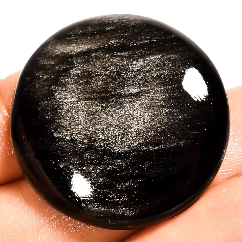 Piedra preciosa redonda de obsidiana brillo plata natural 39 quilates 28X28X6 mm UG-3538 Foto 1 de 2
