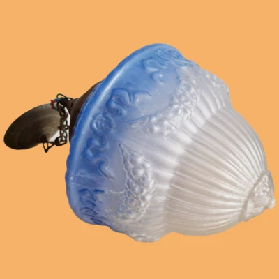 suspension lustre lampe art déco décor style empire verre bleue blanc antiquité - Photo 1/4