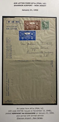 1950 Shannon Airport Ireland Air Letter Cover To Laurenceville NJ USA - Image 1 of 3