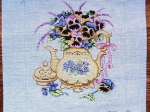 Tea Pot Pansy Pansies Violets Hand Painted Needlepoint Alice Peterson AP1825 - Picture 1 of 2