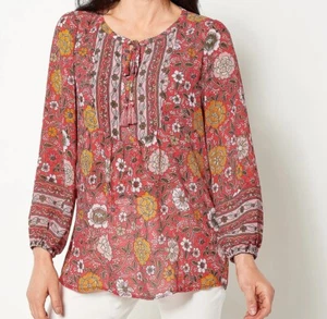 2668 Belle by Kim Gravel blusa boho romantica a contrasto giogo CORALLO taglia M - Foto 1 di 1