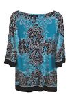 Style & Co Blue Multi-Colored Boat Neck 3/4 Sleeve Stretch Top Petite M