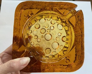 Vintage Blenko 1960’s Amber Glass Ashtray Cigar Heavy Chunky Square #70 Rare - Picture 1 of 11