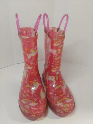 Little Girl's Unicorn Pink Rain Boots Heels Light Up US 9/10 - Image 1 of 4