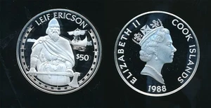 Cook Island: 1988 $50 Explorer- Leif Ericson .925 silver Proof Face value=A$44 - Picture 1 of 1