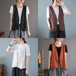 Women Cotton Linen Sleeveless Vest Coat Ladies Buttons Waistcoat Casual Tank UK - Picture 1 of 10