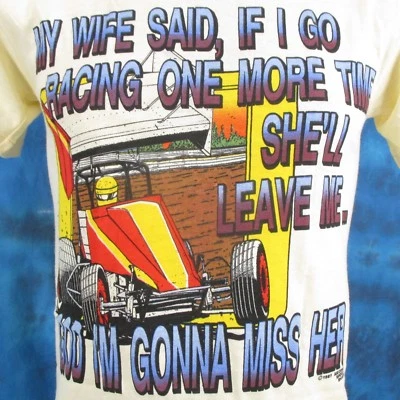 NUEVO DE COLECCIÓN AÑOS 80 MI ESPOSA DIJO SPRINT CAR RACING CAMISETA S NARC SUCIEDAD PUNTADA ÚNICA Foto 1 de 4