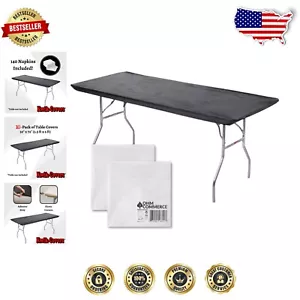 Elastic Black Plastic Table Covers with 140 Napkins for Effortless Entertaining - Picture 1 of 9