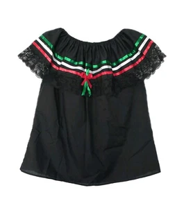 Mexican Traditional Tricolor Women's Blouse Black Top One Size Tunic 5 De Mayo  - Picture 1 of 5