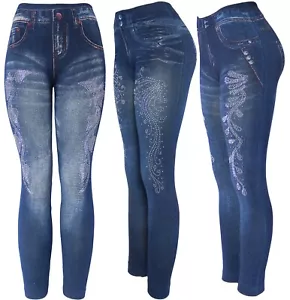Sparkles Women's Denim Print Fake Faux Jeans Leggings Pants - Picture 1 of 10