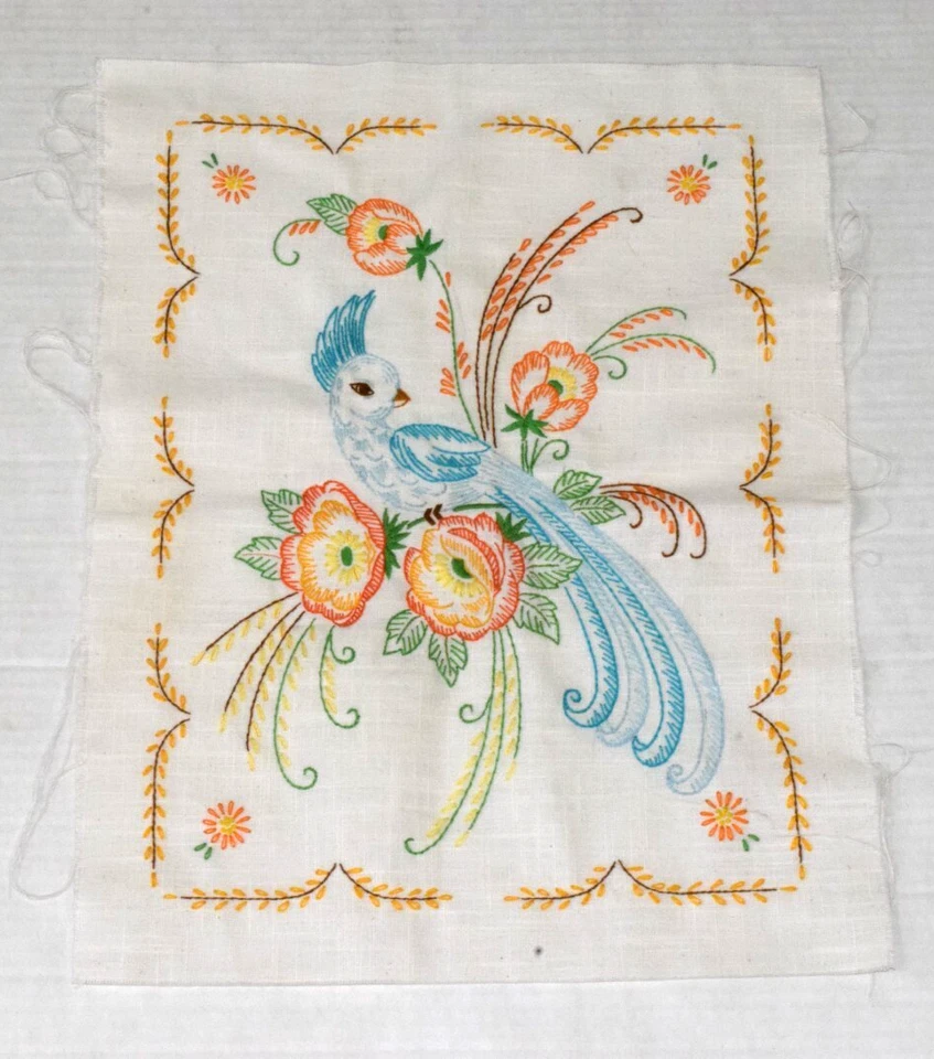Vintage Linen Wall Tapestry 60s Colorful Embroidered Fancy Bird 17 X 13.5 Inches - Image 1 of 4