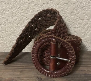 Vintage L Women’s 2” Wide Woven Brown Leather Belt Boho Hippie 70’s Style - Picture 1 of 11