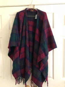Creagaran kariert grün weinrot marine Poncho Cape Damen Einheitsgröße 100 % Wolle Schottland - Bild 1 von 18