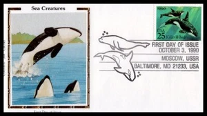 US FDC # 2508 25c Sea Creatures Colorano Killer Whales  1990, 9J707 - Picture 1 of 1