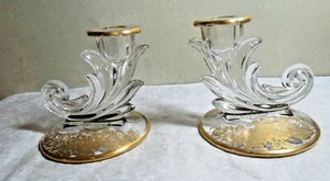 2 Fostoria Baroque #2496 4 " Candle holder w/ Silver City 22 Kt Gold Queens Rose - Picture 1 of 12