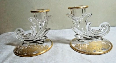 2 Fostoria Baroque #2496 4 " Candle holder w/ Silver City 22 Kt Gold Queens Rose - Image 1 of 4