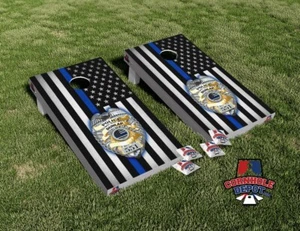 Custom American Flag Black & White Thin Blue Line Cornhole Board Vinyl Wrap Set - Picture 1 of 5