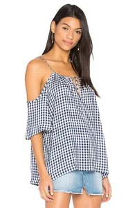 NWOT VELVET GRAHAM & SPENCER Nedra Blue Gingham Cold Shoulder Blouse, Size XS - Picture 1 of 11