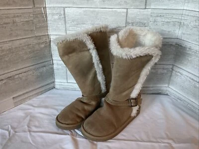 Justice Girls Winter Tan Boots White Faux Fur Trim Lining Size 3 - Image 1 of 4