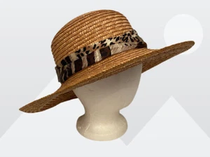 Vintage Women's Natural Woven Wide Brim Floppy Straw Sun Hat w/Leopard Band Bow - Picture 1 of 10