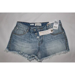 Band Of Gypsies Rose Womens Jean Shorts Blue Frayed Studded Button Fly 31" x 2" - Picture 1 of 3