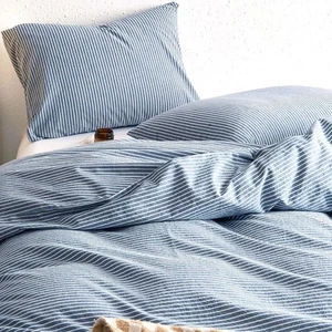  - Striped Quilt Cover Set, 100% Washed Cotton Doona Duvet Cover, T - Picture 1 of 6