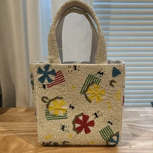 Handcrafted In India NWT Viral Beach Scene Beaded Shoulder Bag White Summer RARE - Picture 1 of 5