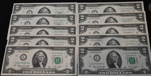 10 TWO DOLLAR BILLS - 10 CRISP UNCIRCULATED 1976 SEQUENTIALLY NUMBERED  - Picture 1 of 2