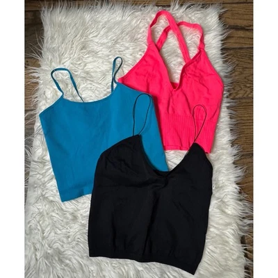 Free People Set 3 camisetas sin mangas acanaladas sin costuras color azulado neón negras XS/S Foto 1 de 4