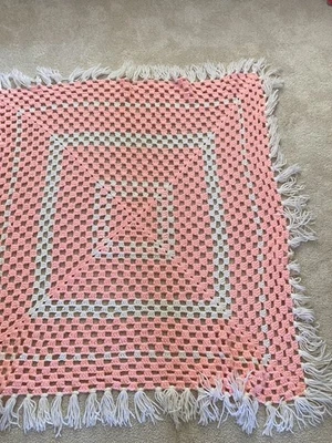 Vintage hand crocheted Baby Blanket wrap throw pink with fringe - vibrant color - Image 1 of 4