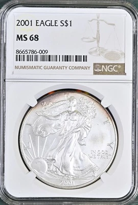 2001 American Silver Eagle S$1 NGC MS68 *Slight Edge Toning* - Image 1 of 2