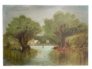 Antique C J Wescott Folk Art Oil Painting Landscape “A Day In June” Lake Scene - Picture 1 of 11