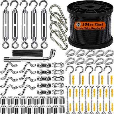 164FT Outdoor String Light Hanging Kit - Vinyl-Coated 304 Stainless Steel Wir... - Image 1 of 4