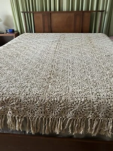 Handmade Twin Size Afghan Snowflake Granny Squares Sand Colored With Fringe - Picture 1 of 13