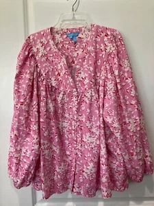 Draper James Top 2X Plus Floral Split V-Neck Pink White Floral Gathered Peasant - Picture 1 of 7
