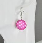 Pink Earrings Polka Dot Dangle Jewelry 1 5/8" Long Medallion White Dots 