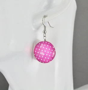 Pink earrings polka dot dangle jewelry 1 5/8" long medallion white dots - Picture 1 of 9