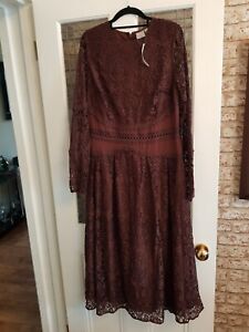 Asos Size 14 Tall Ankle Length Lace Dress L/S Brown Lined *NEW*