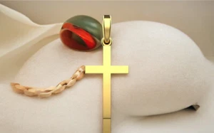 14K SOLID YELLOW GOLD Cross Crucifix High Polished Pendant Charm Necklace 1.15gr - Picture 1 of 13