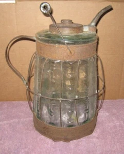 1800's OIL LAMP CAGE STYLE RIPPLED LIGHT AQUA/GREEN COLORED GLASS KEROSENE JUG - Picture 1 of 11