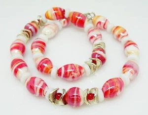 Halskette Lampwork Perle Glas Murano Art mehrfarbig Rot Weiß Silber 208rr - Picture 1 of 10