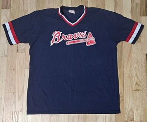 Vintage Atlanta Braves Logo Baseball Jersey Shirt Navy Blue USA XL - Picture 1 of 5