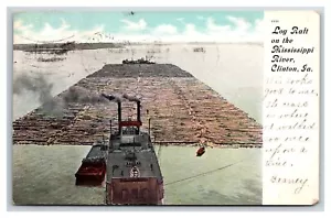 CLINTON IOWA ~ Log raft on Mississippi pushed by STEAMER - Picture 1 of 2