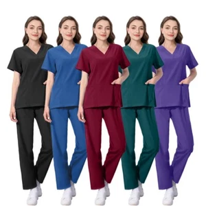 Medical Uniform Nurse Scrub Set Men Women Straight Classic V-Neck Hospital Cloth - Picture 1 of 35